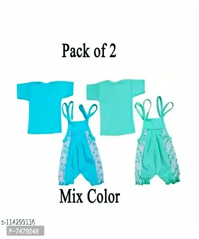 NEWOOZE Baby boy  Baby Girl Cute Half Sleeves Printed Cotton Dungaree Set with Tshirt PACK OF 02