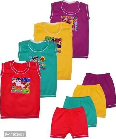 Cotton Blend Regular Fit Summer Half Sleeve Tshirt  Shorts Clothing Set for Baby Boy/Girl 04 PCS
