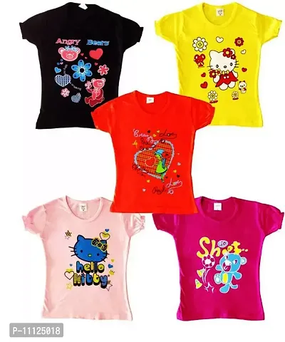 Cotton Regular Fit Half Sleeve Cotton T-Shirts for Girls - Round Neck Tops for Girl, Multicolor - Pack of 5