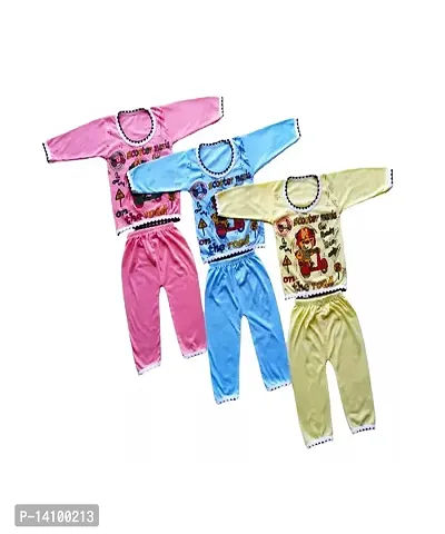 Boy and Baby Girl's Cartoon Print Full Sleeves Soft Cotton Casual Jhabla T-Shirt with Pyjama Pants Dress for Kids Infant Toddler New Born Baby Clothes (Set of 3)-thumb0
