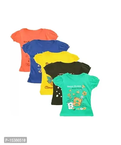 Girl's Regular Fit Round Neck Puff Sleeve T-Shirt pack of 05-thumb0