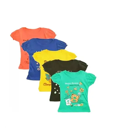 Girl's Regular Fit Round Neck Puff Sleeve T-Shirt pack of 05