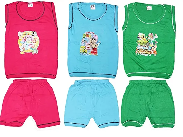 Kids Sleeveless Top with Shorts | Baby Boys Girls Round Neck T-Shirt Tops with Elastic Bottoms | Combo_Pack of 03(Pink,Green and Blue) 03 PCS