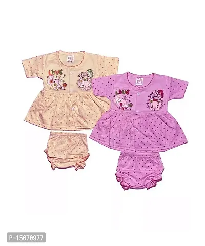 New Born Baby Girls  Printed Button Open Frock Gown Dresses with Matching Panties (Pack of 2 Frock and 2 Panties)