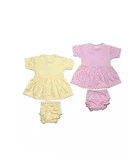 New Born Baby Girls  Printed Button Open Frock Gown Dresses with Matching Panties (Pack of 2 Frock and 2 Panties)-thumb1