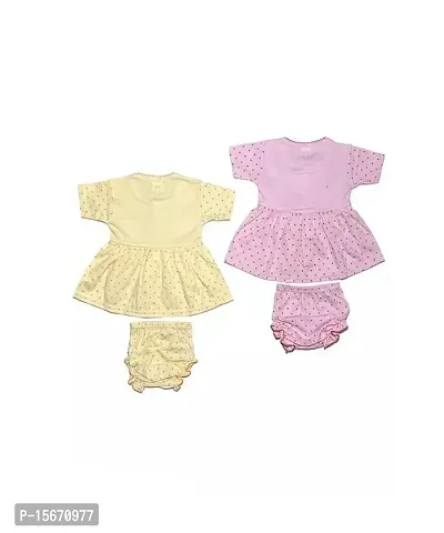 New Born Baby Girls  Printed Button Open Frock Gown Dresses with Matching Panties (Pack of 2 Frock and 2 Panties)-thumb2