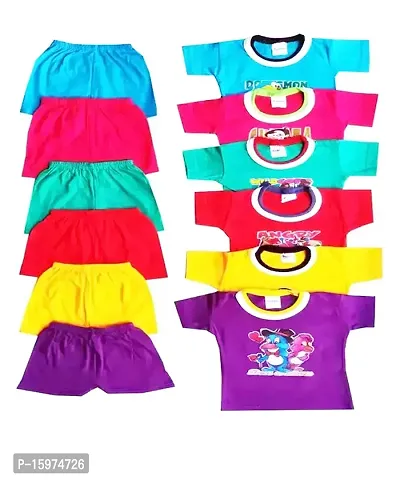 Boys  Girls Multi-Color Pack of 6 100% Soft Cotton Printed Tshirts  Shorts with Shoulder Poppers 6 set