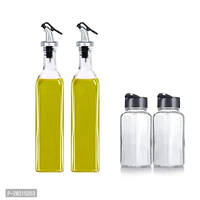 Prachi Creation  500 ml Oil Dispenser and Glass 120 ML Square Spice Jar, Vinegar Cruet Bottle, Air Tight Salad Dressing Cruet Glass Oil Bottle Clear, Pack of 4 - Transparent color
