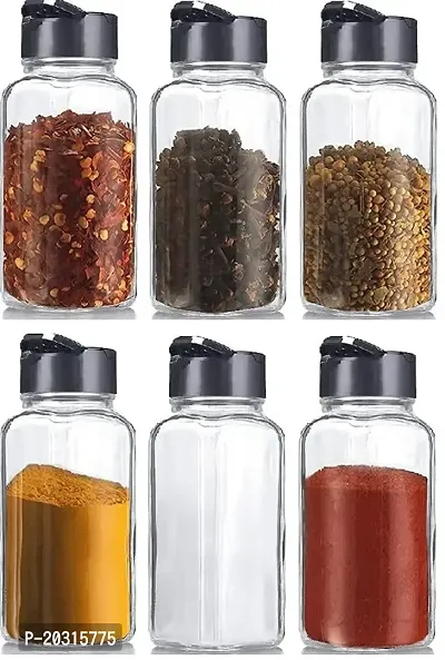 Prachi Creation Pack Of 6 Spice Jar Glass Container for Storage Salt  Pepper, Square Kitchen Storage Glass Jar for Oregano and Chilly Flakes Dispenser with Lid- Transparent color-thumb0