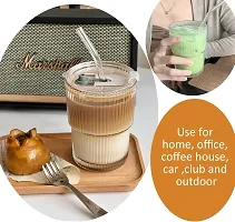 450ml Drink Coffee Glass Cup with Lid and Straw (450ML Stripe Mug / 1Pcs)-thumb1