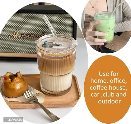 450ml Drink Coffee Glass Cup with Lid and Straw (450ML Stripe Mug / 1Pcs)-thumb2