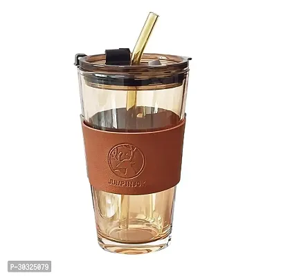 Leather Sleeve Glass Coffee Mug with Straw (470ML, , 1Pcs)