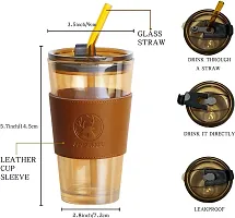 Leather Sleeve Glass Coffee Mug with Straw (470ML, , 1Pcs)-thumb3