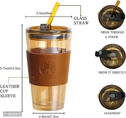 Leather Sleeve Glass Coffee Mug with Straw (470ML, , 1Pcs)-thumb4