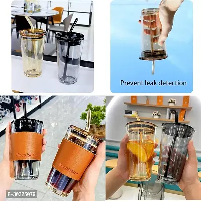 Leather Sleeve Glass Coffee Mug with Straw (470ML, , 1Pcs)-thumb3