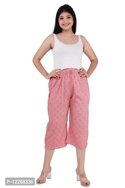 UB WOLF Pink Printed 100% Rayon with 40 KG Quality |Night Wear |Yoga |Exercise Capri for Women(Pack of 2)-Free Size