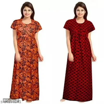 Elegant Red Cotton Printed Nighty Set For Women Pack Of 2