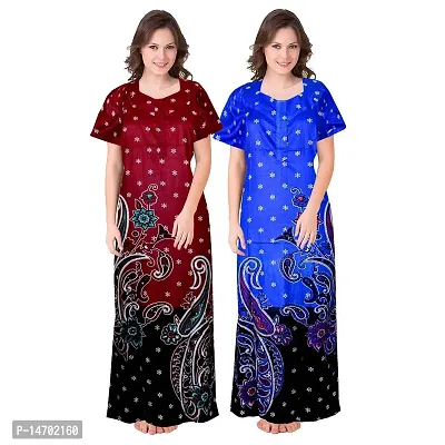 Elegant Blue Cotton Printed Nighty Set For Women Pack Of 2