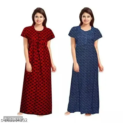 Elegant Red Cotton Printed Nighty Set For Women Pack Of 2