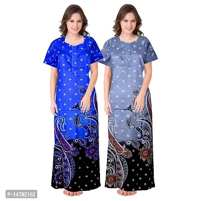 Elegant Grey Cotton Printed Nighty Set For Women Pack Of 2-thumb0