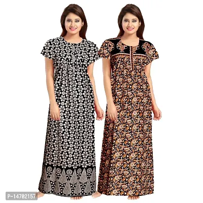 Elegant Brown Cotton Printed Nighty Set For Women Pack Of 2