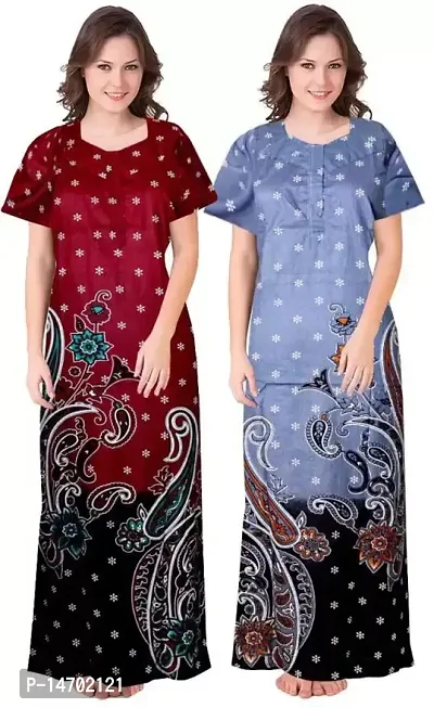 Elegant Blue Cotton Printed Nighty Set For Women Pack Of 2