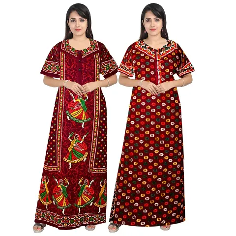 Lorina Attractive Women's 100% Cotton Printed Nightwear Maternity Half Sleeves Maxi Gown Nightdresses (Combo Pack of 2)