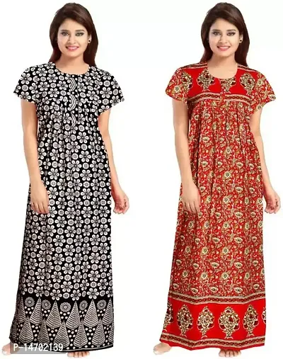 Elegant Red Cotton Printed Nighty Set For Women Pack Of 2-thumb0