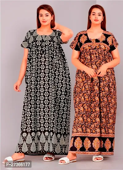 Elegant Multicoloured Cotton Printed Nighty For Women Pack Of 2-thumb0