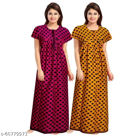 Pack Of 2 Women Fashionable Cotton Printed Front Zipper Half Sleeve Maxi/Nighty/Gown