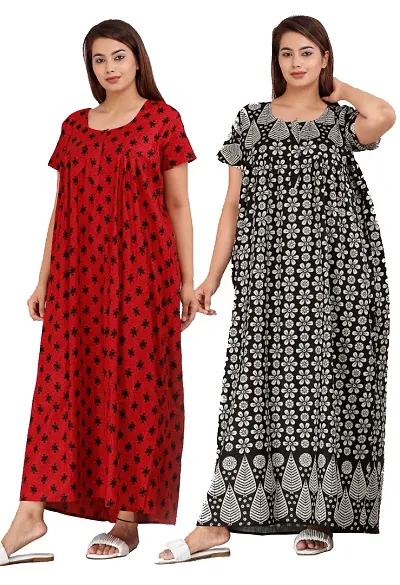 Pack Of 2 Women Fashionable Cotton Printed Front Zipper Half Sleeve Maxi/Nighty/Gown