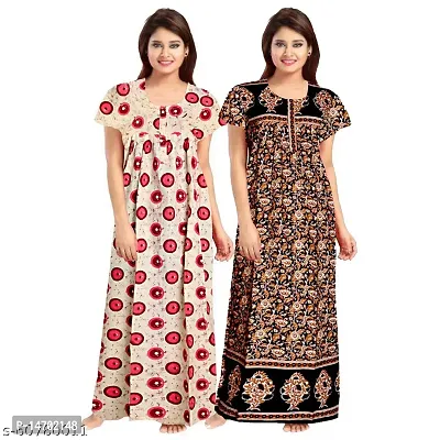 Elegant Black Cotton Printed Nighty Set For Women Pack Of 2