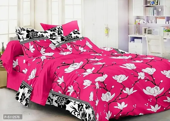 Premium Polycotton Pink Floral Print Bedsheet With 2 Pillow Covers-thumb0