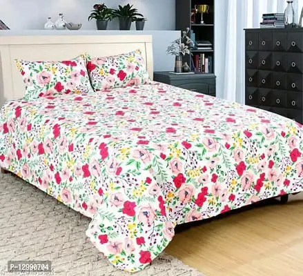 Beautiful Glace Cotton Printed Double Bedsheet with Two Pillow Covers-thumb0