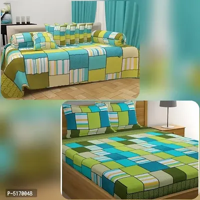 Comfortable Multicoloured Polycotton Printed Double Bedsheet with Pillow Covers And Diwan Set Combo