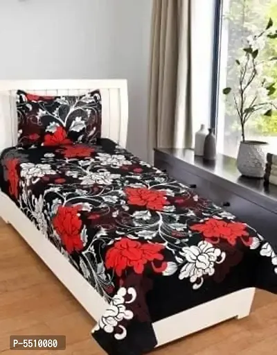 Polycotton Black Floral Printed Bedsheet With 1 Pillow Cover-thumb0