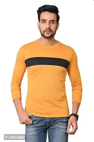 Burundi Blu Regular fit Casual Stripes Plain Lightweight Stretchable Full Long Sleeve Mustard Round Neck T Shirt for Men(B-P15)-thumb0