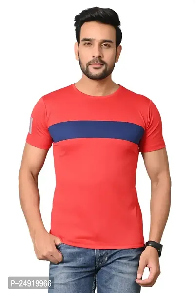 Burundi Blu Regular fit Casual Stripes Plain Lightweight Stretchable Half Sleeves Red Round Neck T Shirt for Men(B-P22)-thumb0