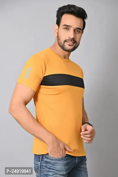 Burundi Blu Stripe Half Sleeves T-Shirt Gym/Active Wear- Mustard, Pack of 1-thumb3