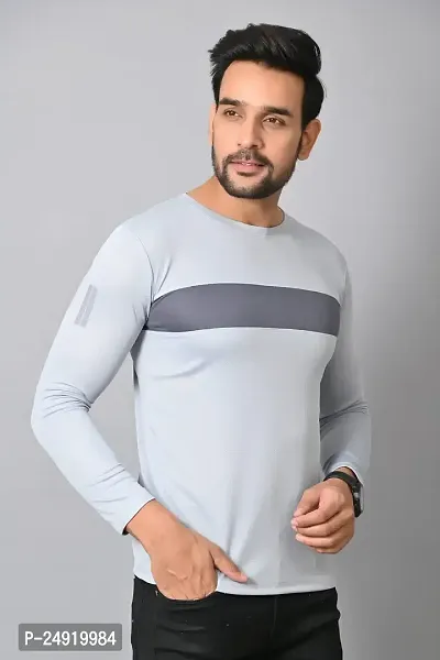 Burundi Blu Stripe Full Sleeves T-Shirt Gym Wear Active Wear- Light Grey-thumb2