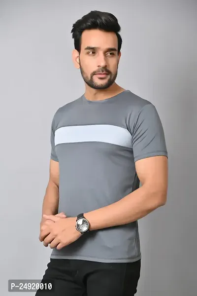 Burundi Blu Stripe Half Sleeves T-Shirt Gym/Active Wear- Dark Grey Pack of 1-thumb2