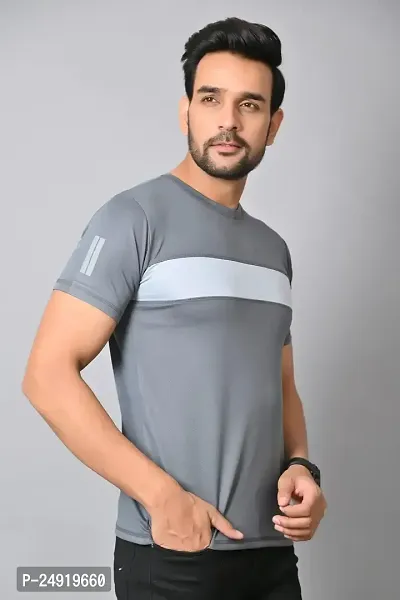 Burundi Blu Regular fit Casual Stripes Plain Lightweight Stretchable Half Sleeves Dark Grey Round Neck T Shirt for Men(B-P18)-thumb5