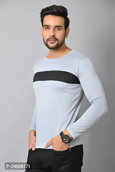 Burundi Blu Regular fit Casual Stripes Plain Lightweight Stretchable Full Long Sleeve Grey Round Neck T Shirt for Men(B-P13)-thumb4