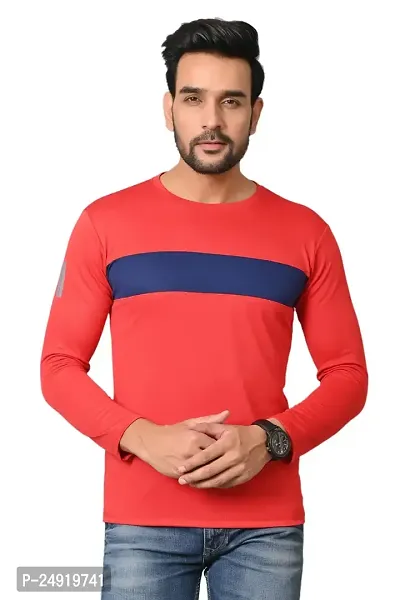 Burundi Blu Regular fit Casual Stripes Plain Lightweight Stretchable Full Long Sleeve Red Round Neck T Shirt for Men(B-P16)