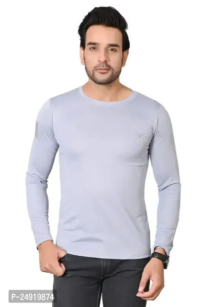 Burundi Blu Regular fit Casual Solid Plain Lightweight Stretchable Full Long Sleeve Light Grey Round Neck T Shirt for Men (B-P3)