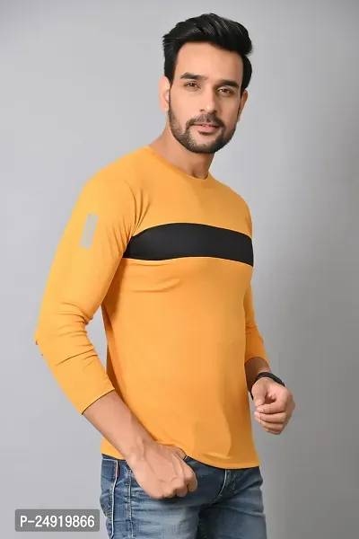Burundi Blu Regular fit Casual Stripes Plain Lightweight Stretchable Full Long Sleeve Mustard Round Neck T Shirt for Men(B-P15)-thumb5