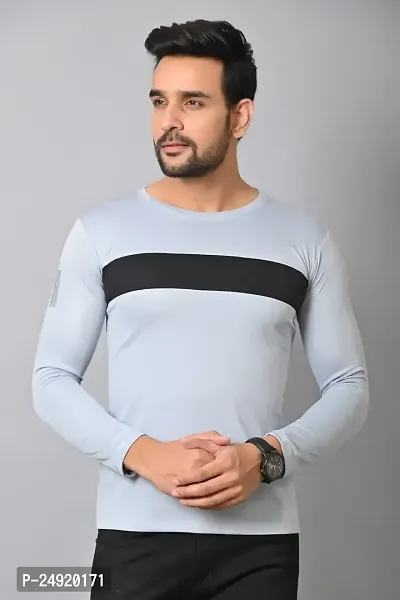 Burundi Blu Regular fit Casual Stripes Plain Lightweight Stretchable Full Long Sleeve Grey Round Neck T Shirt for Men(B-P13)-thumb3