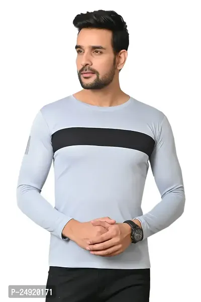 Burundi Blu Regular fit Casual Stripes Plain Lightweight Stretchable Full Long Sleeve Grey Round Neck T Shirt for Men(B-P13)