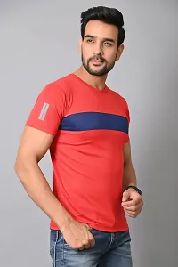 Burundi Blu Regular fit Casual Stripes Plain Lightweight Stretchable Half Sleeves Red Round Neck T Shirt for Men(B-P22)-thumb3