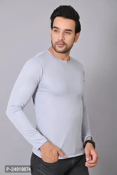 Burundi Blu Regular fit Casual Solid Plain Lightweight Stretchable Full Long Sleeve Light Grey Round Neck T Shirt for Men (B-P3)-thumb4